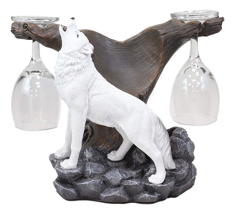 Ebros Rustic Tundra Woodlands Howling Arctic White Snow Wolf Wine Valet Statue As Bottle and 2 Glasses Holder 9.5" Wide Spirit Totem Full Moon Direwolf Timberwolf Decor Caddy Organizer Sculpture