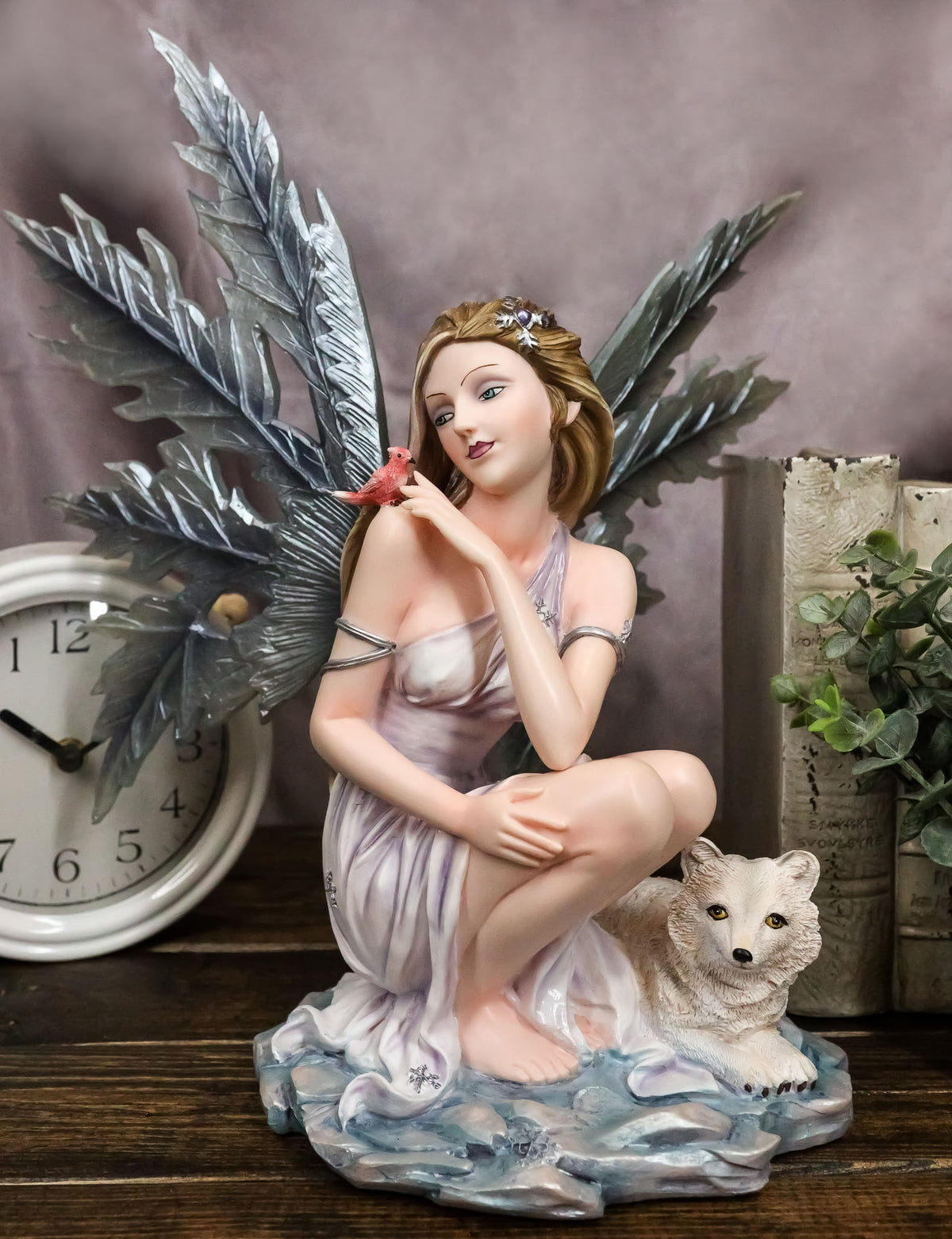 Blue Frozen Ice Fairy with Frost Flake Wings Crouching by Snow Wolf Pup Figurine