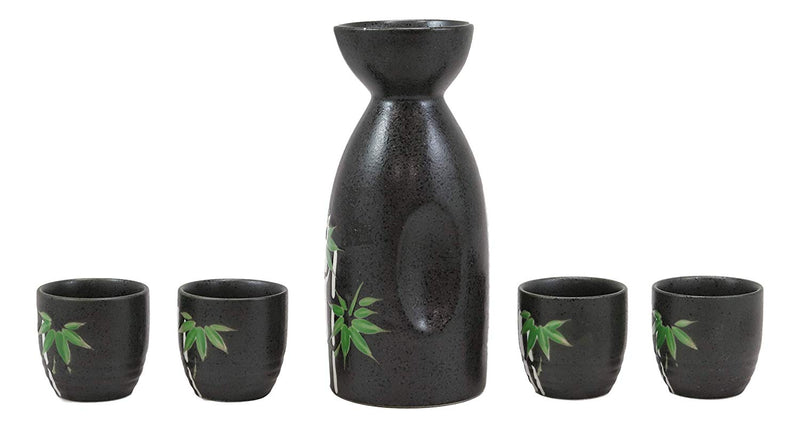 Ebros Gift Traditional Ceremony Porcelain Pottery Green Bamboo Silhouette Design Japanese Rice Wine Sake 5 Piece Set Of 1 Black Tokkuri Serving Flask 10oz With 4 Ochoko Cups 2oz