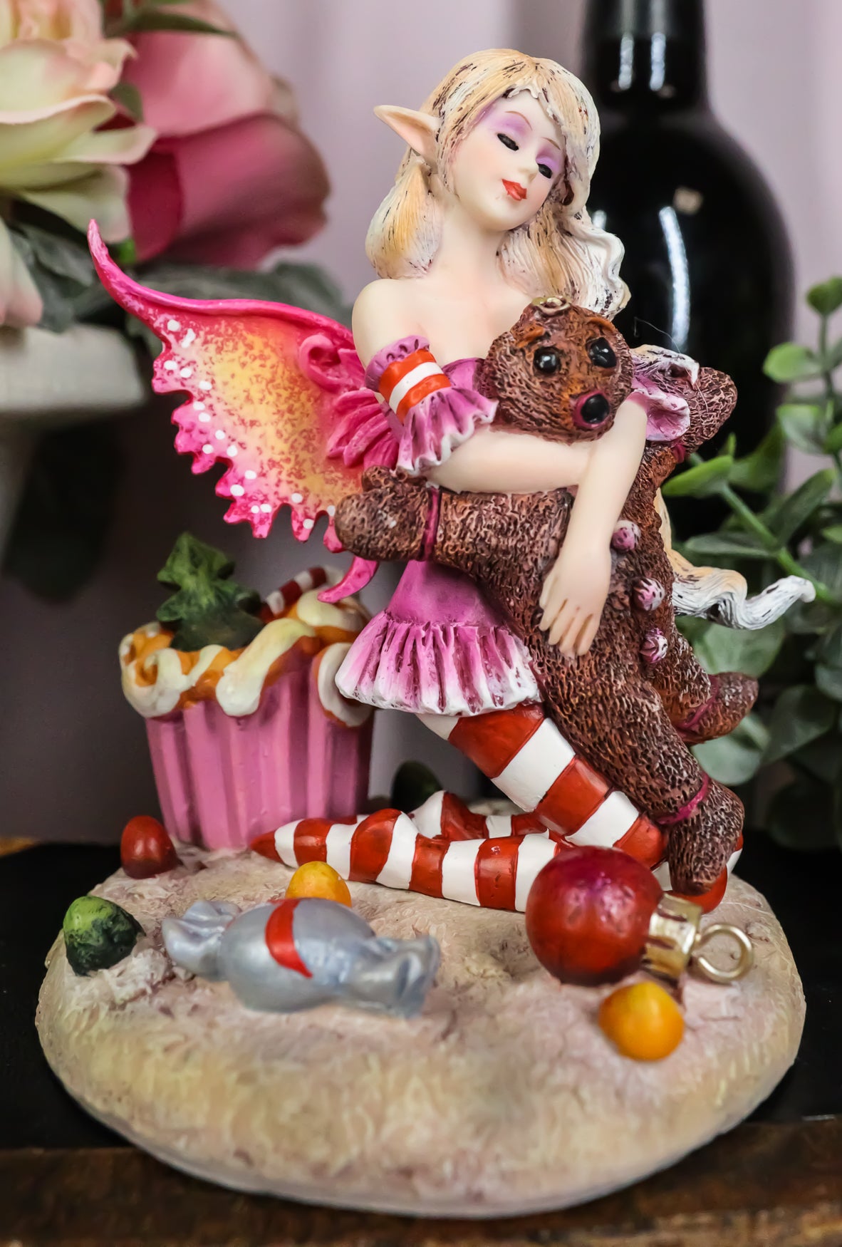 Ebros Amy Brown Christmas 'TWAS The Night' Fairy Hugs Gingerbread Man Figurine - Ebros Gift