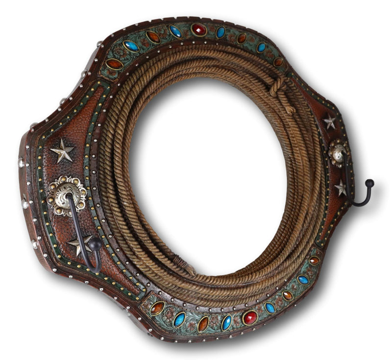 Southwestern Turquoise Beaded Western Lasso Ropes Stars Wall Mirror With 2 Hooks
