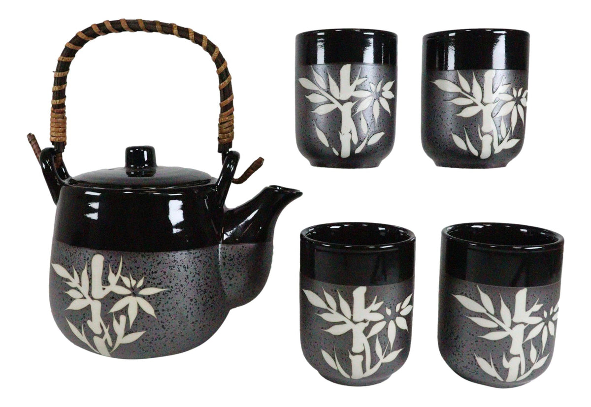 Charcoal Black Japanese Bamboo Grove Ceramic Tea Set Teapot And 4 Cups Drinkware - Ebros Gift