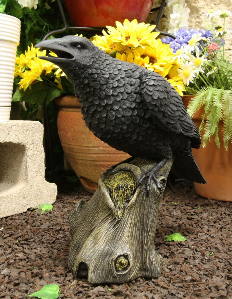 Ebros Large 14" Long Gothic Raven Crow Perching On Tree Stump Statue Figurine