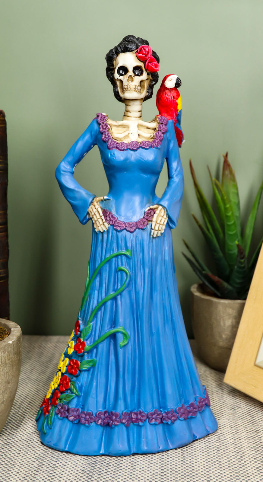 Day Of The Dead Lady In Blue With Scarlet Macaw Parrot Skeleton Figurine Statue