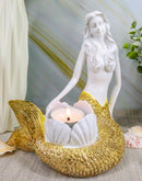 Ebros Under The Sea Golden Mermaid Candle Holder Statue 6.75" Tall Nautical Mermaid Holding Oyster Shells Figurine