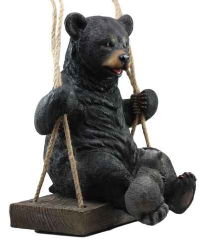 Large Swinging Black Bear With Buddy Raccoon Hanging Statue With Rope Ties 15"H - Ebros Gift