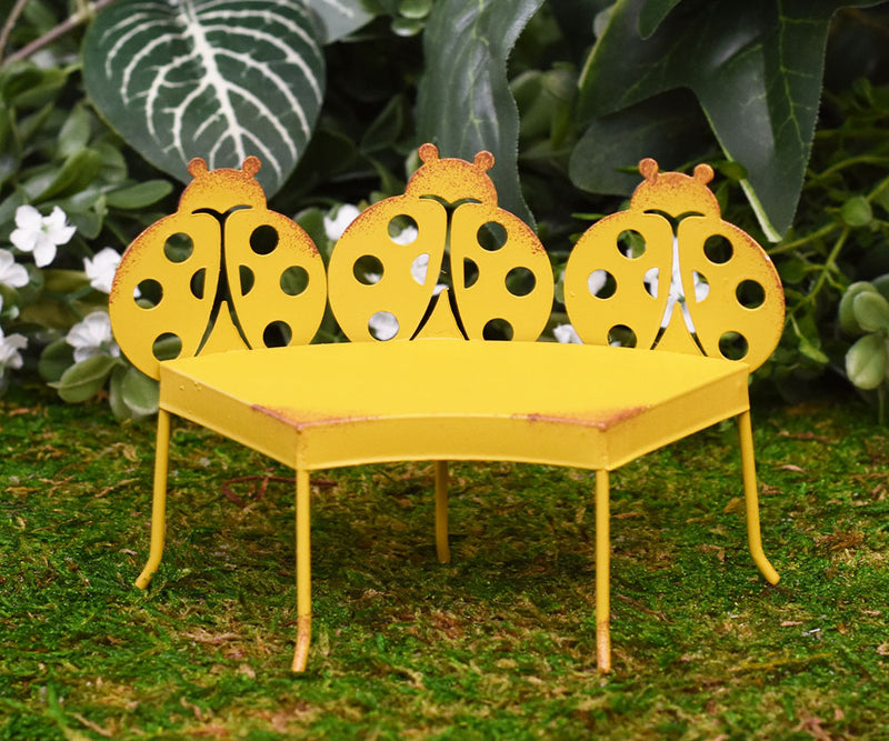 Pack Of 2 Enchanted Fairy Garden Miniature Metal Yellow Ladybug Nook Park Bench