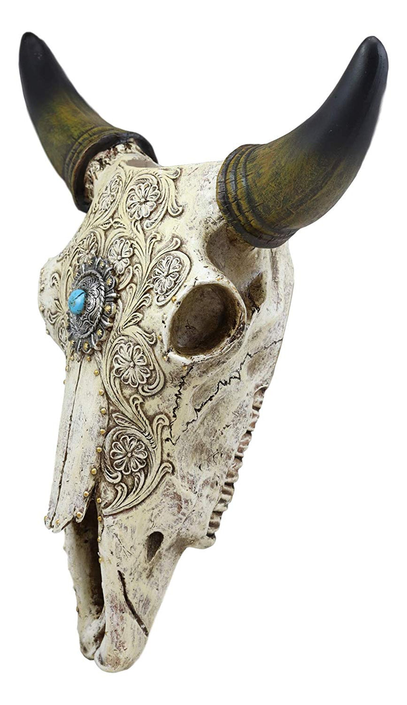 Ebros 11.5" Wide Southwest Steer Bison Buffalo Bull Cow Horned Skull Head with Lace Tooled Design and Turquoise Gem Hanging Wall Mount Flower Vase Decor - Ebros Gift