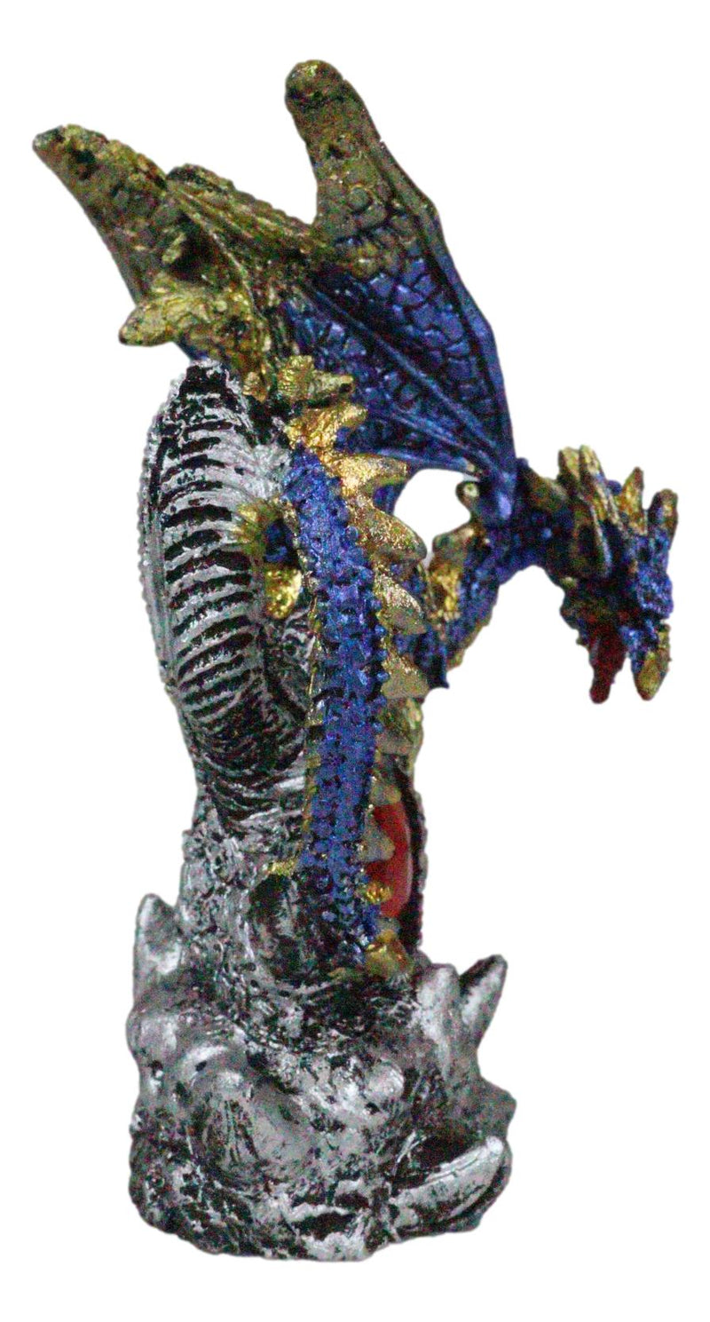 Blue Rune Dragon Guarding Ancient Relic Ruins With Red Crystal Gem Figurine