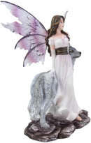 Ebros Purple Winged Fairy Diana with Alpha Snow Direwolf Wolf Statue 10" Tall