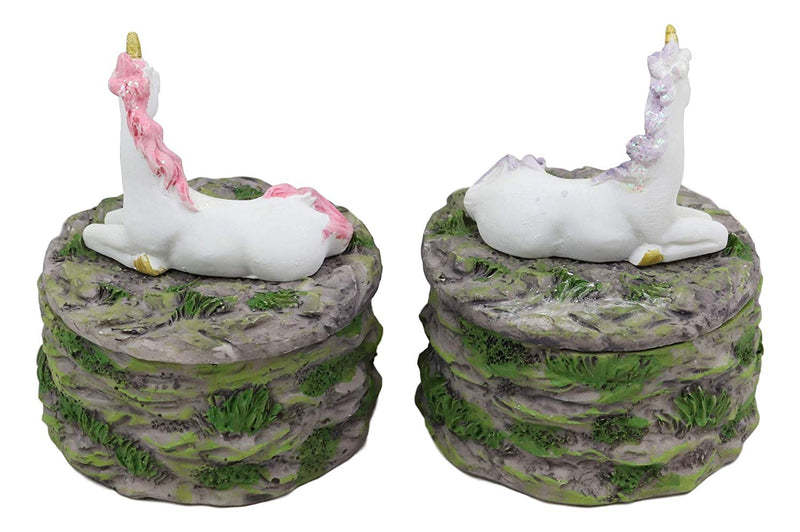 Ebros Pastel Blue And Pink Unicorns Sitting On Stone Garden Jewelry Box Figurines Set