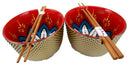 Ebros Set of 2 Luxury Gold Plated Ramen Noodle Bowls W/ Chopsticks Red Lotus Blossom