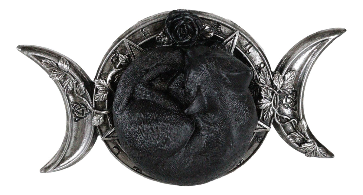 Wicca Witchcraft Triple Moon Insignia With Sleeping Black Cat And Rose Figurine