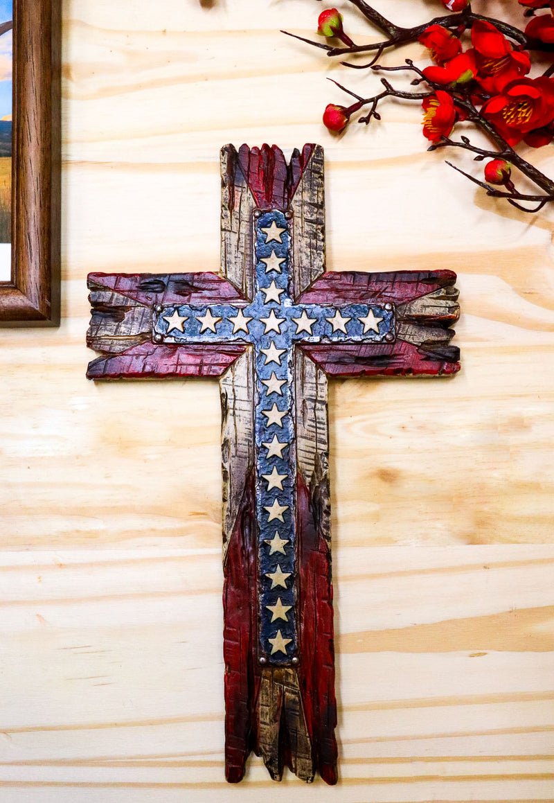Rustic Western Stars USA Flag Patriotic American Faux Distressed Wood Wall Cross