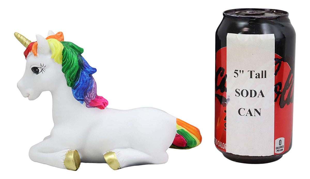 Ebros Beautiful Rainbow Mane Gold Horn Unicorn Mare Horse Sitting In Repose Figurine