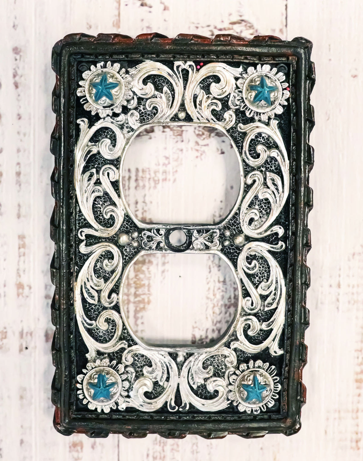 Set of 2 Western Turquoise Stars Lace Scroll Wall Double Receptacle Outlet Plate
