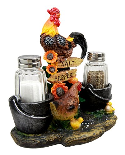 Country Rooster Hen and Chicks Family Salt and Pepper Shakers Holder Set 7"H - Ebros Gift