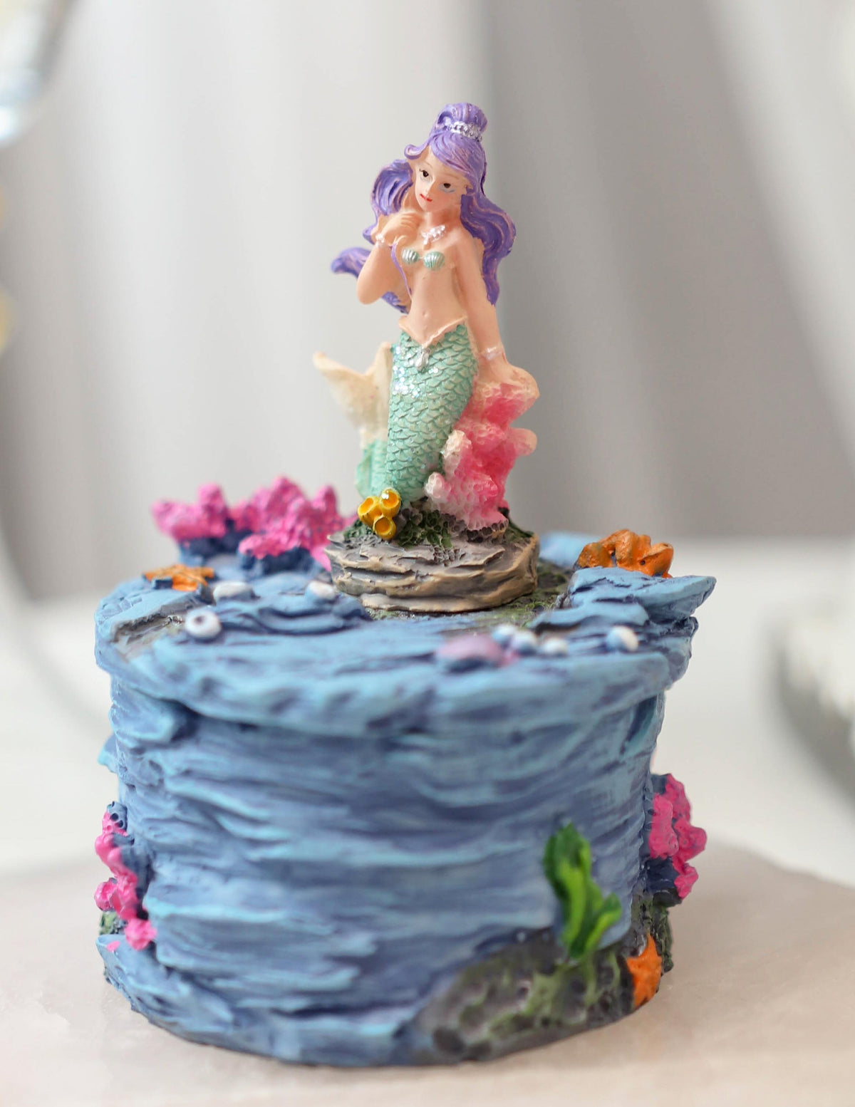 Beautiful Mermaid Mergirl Sitting On Rock By Corals Mini Decorative Box Figurine