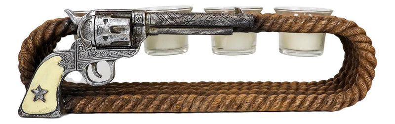 Ebros Western Cowboy Ropes And Revolver Pistol Double Votive Tea Light Candle Holder