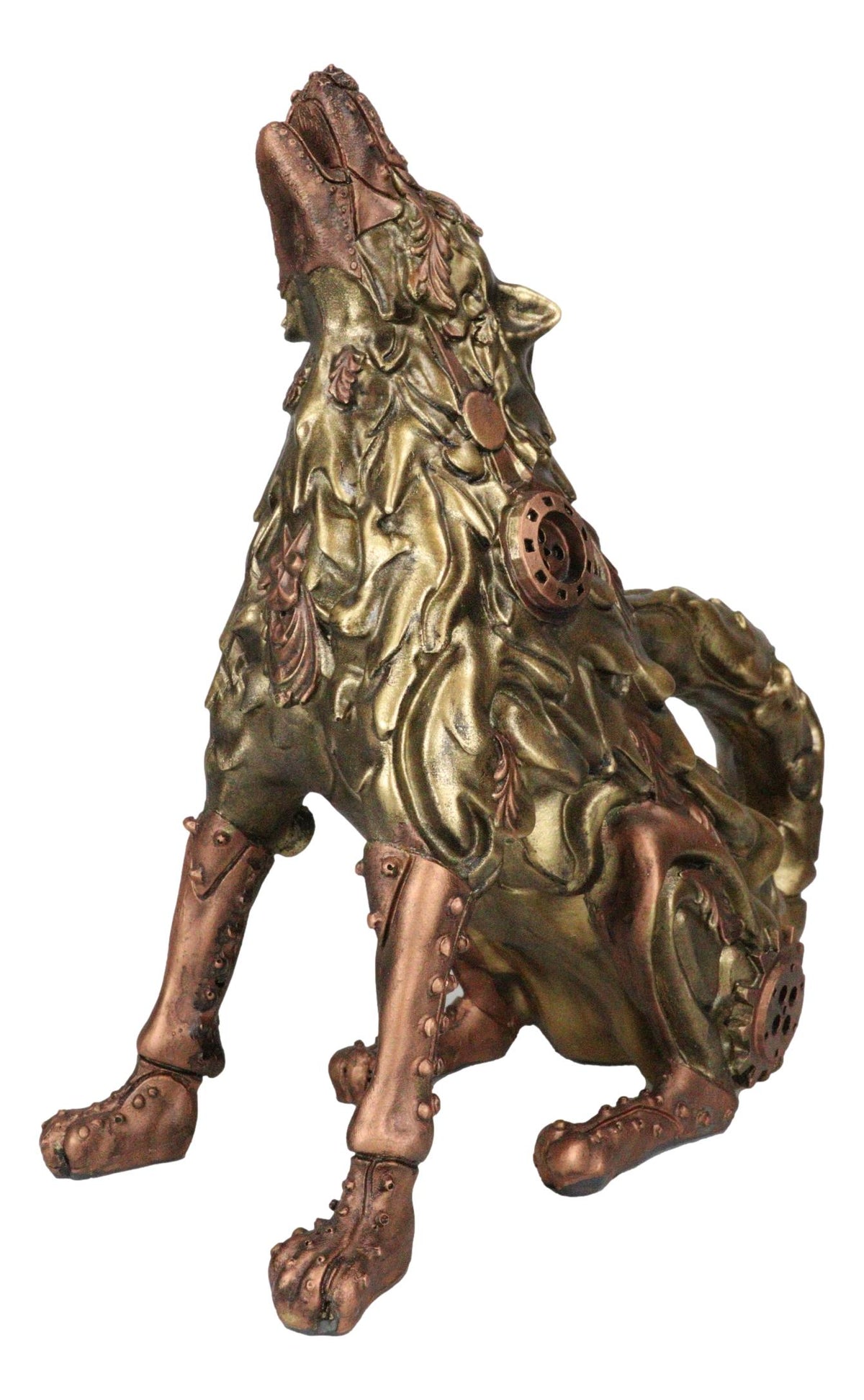 Steampunk Armor Geared Golden Robotic Alpha Wolf Howling At The Moon Statue - Ebros Gift