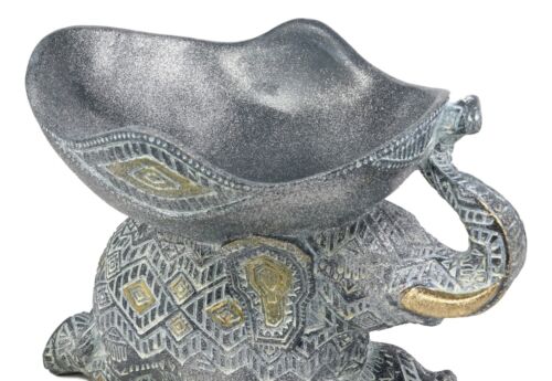 Ebros Grey Mosaic Design Elephant Laying Down With Trunk Up Holding Bowl Decor