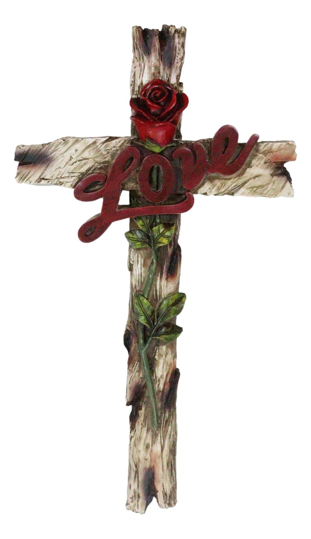 Rustic Western Faux Wooden Inspirational Love With Red Rose Stalk Wall Cross