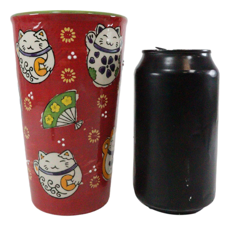 Red Maneki Neko Lucky Cats Ceramic Travel Mug Cup 12oz With Lid Hot Or Cold