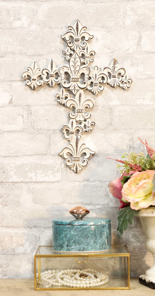Rustic Vintage Southwestern Tuscan Fleur De Lis Filigree Scroll Art Wall Cross