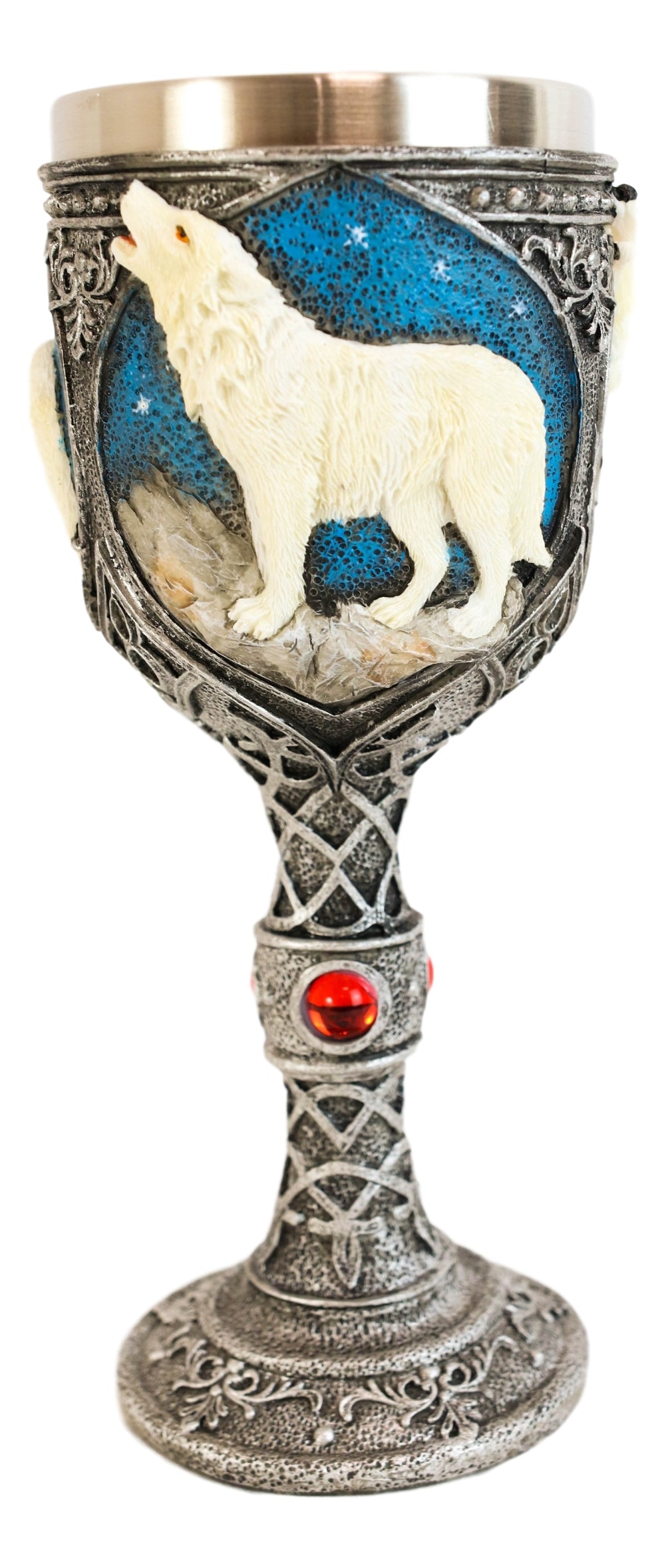 Howling White Wolf In Starry Night Wine Chalice Goblet With Celtic Knotwork 7oz - Ebros Gift