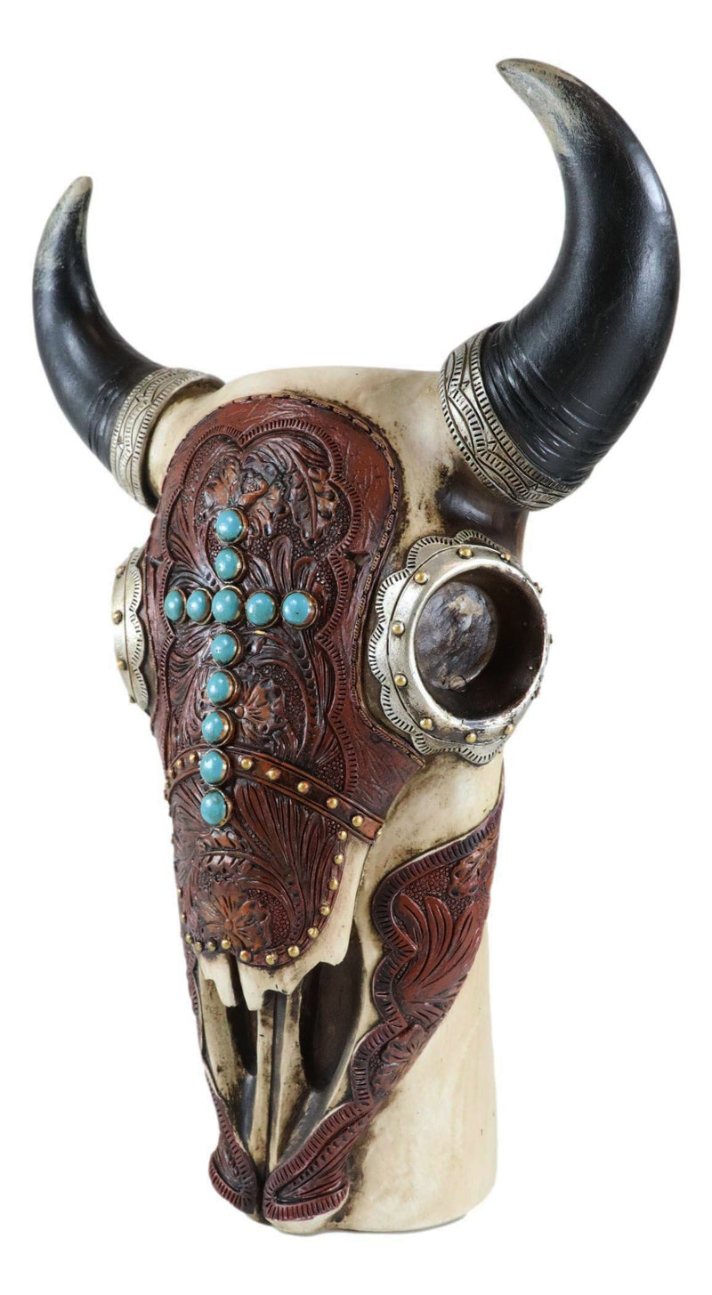 Southwest Cow Skull With Tooled Leather Mask And Turquoise Cross Vase Figurine