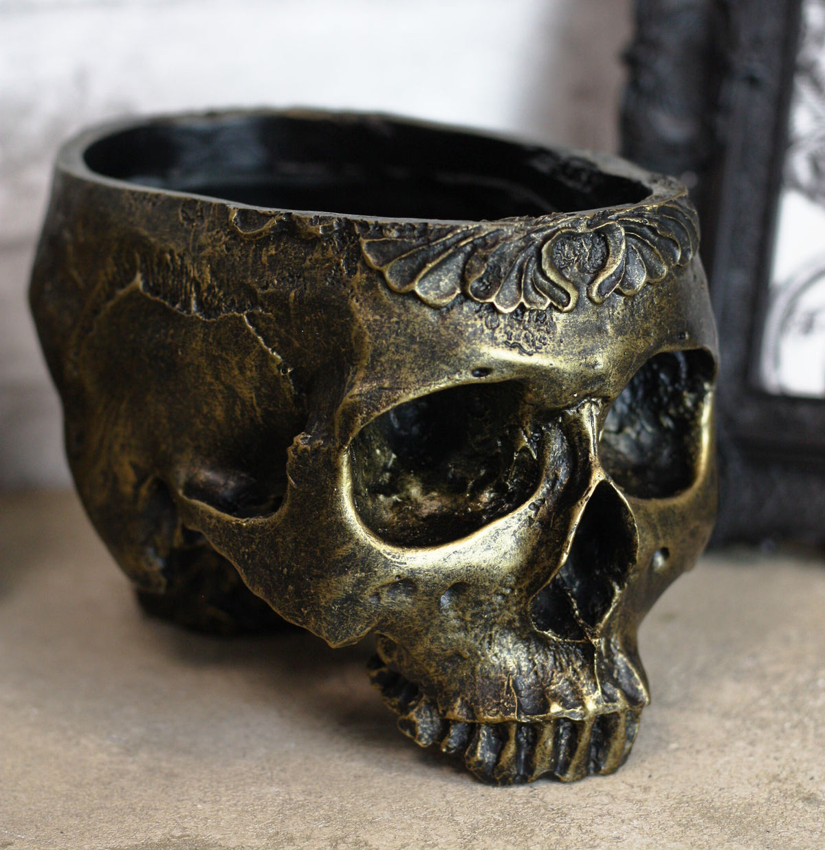Ebros Day Of The Dead Barocco Floral Scroll Half Skull Planter Decor Bowl Figurine
