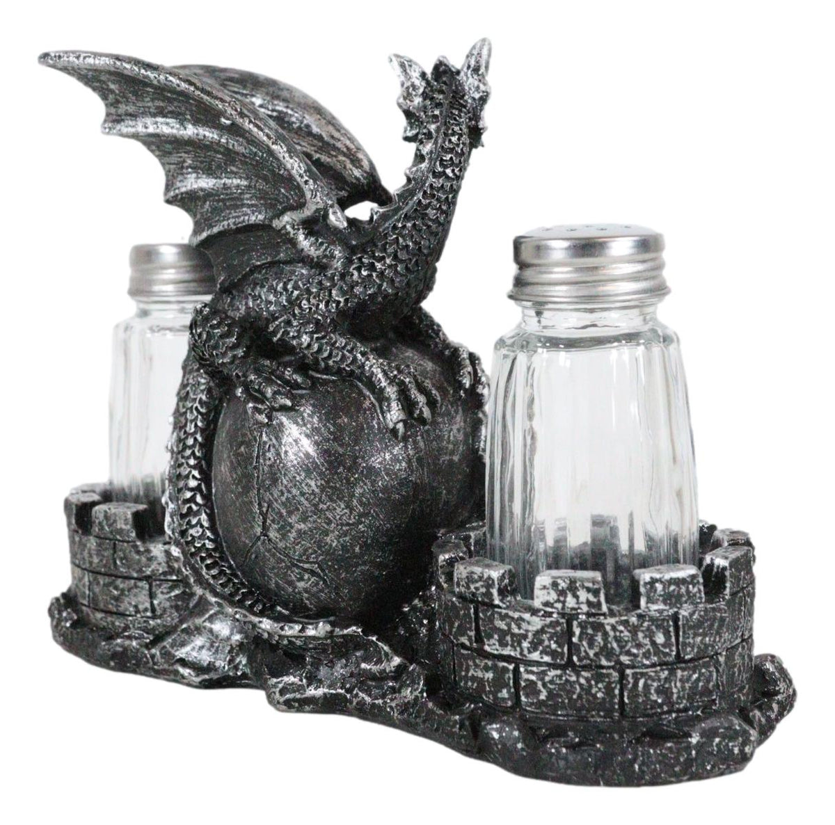 Medieval Dragon On Oversized Skull By Castle Towers Salt Pepper Shakers Holder - Ebros Gift