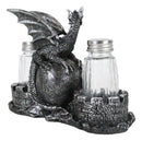 Medieval Dragon On Oversized Skull By Castle Towers Salt Pepper Shakers Holder