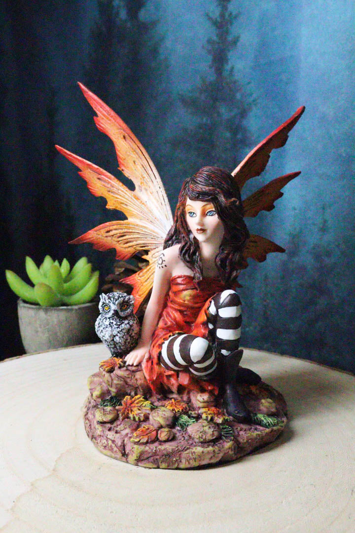 Ebros Fantasy Autumn Forest Tribal Fairy In Orange Gown With Owlet Owl Figurine Decor