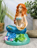 Ebros 4.5" Tall Colorful Nautical Ocean Mermaid Mergirl with Pearl Shell and Blue Tail Sitting On Corals Statue - Ebros Gift