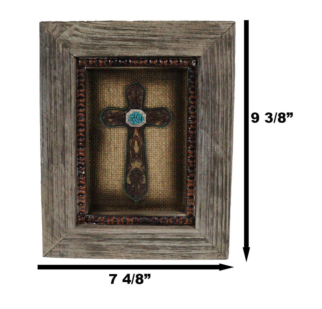 Pack of 4 Rustic Western Turquoise Gems Horseshoe Cross Wood Framed Wall Decors