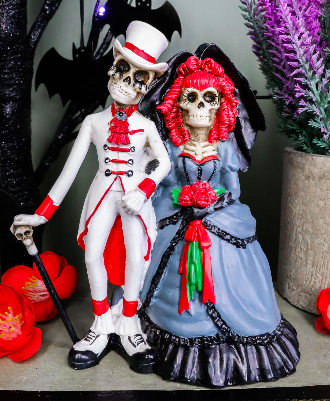 Day Of The Dead Skeleton Couple Wedding Statue Gothic Skeleton Cake Toppers - Ebros Gift