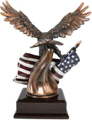 Flying Bald Eagle With American Flag Bronze Electroplated Figurine With Base