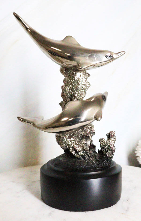 Nautical Marine Sea Gay Dolphins By Coral Reef Silver Electroplated Figurine