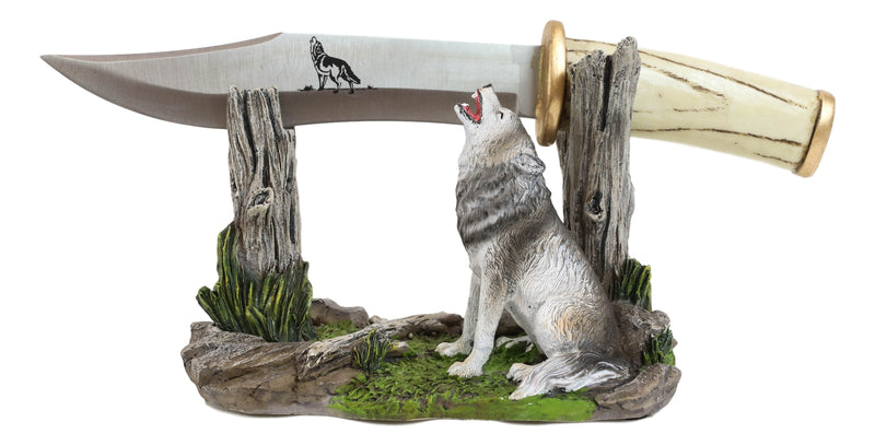 Rustic Forest Howling Gray Wolf Display With Decorative Dagger Knife Statue Set