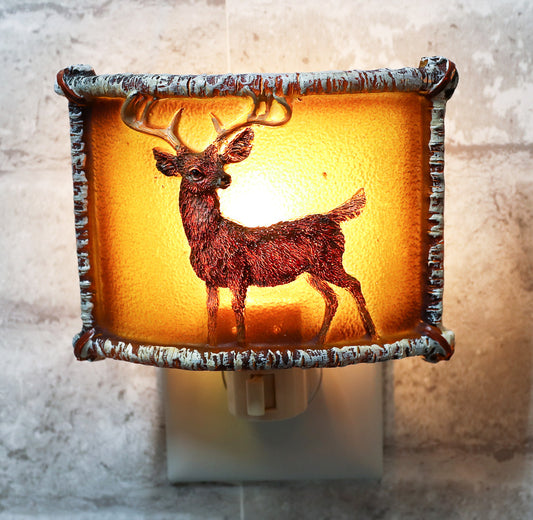 Rustic Western Stag Deer Elk Antlers Faux Birchwood Wall Plug In Night Lights - Ebros Gift