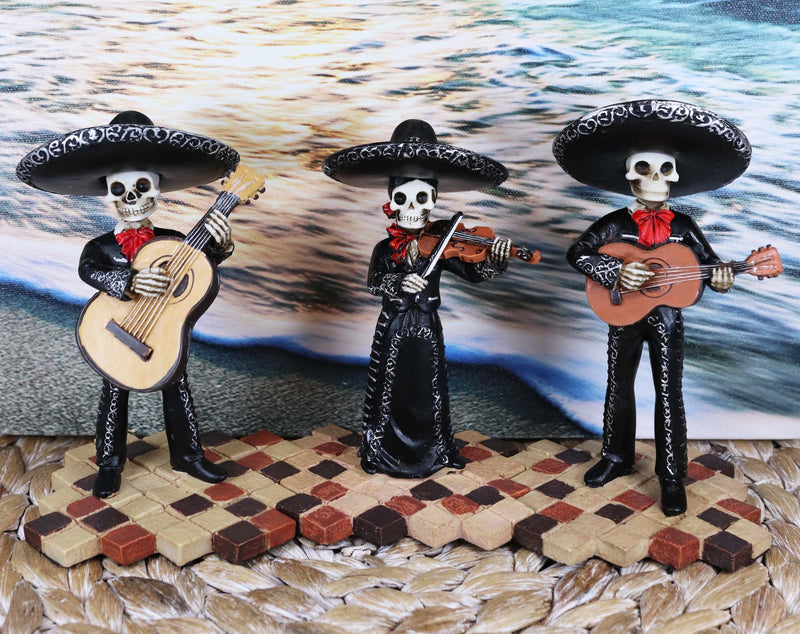 Day Of The Dead Black Mariachi Band Skeleton Folk Musician Figurines Set of 3