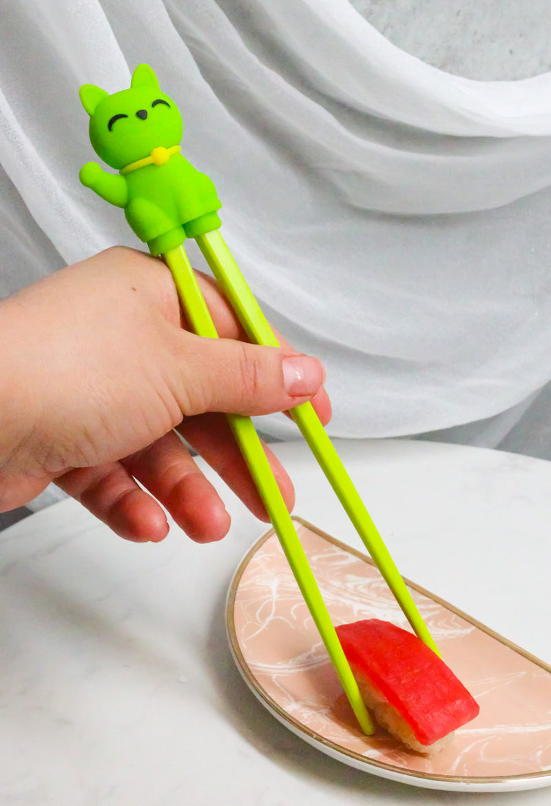 Green Maneki Neko Lucky Cat Reusable Training Chopsticks Set W/ Silicone Helper