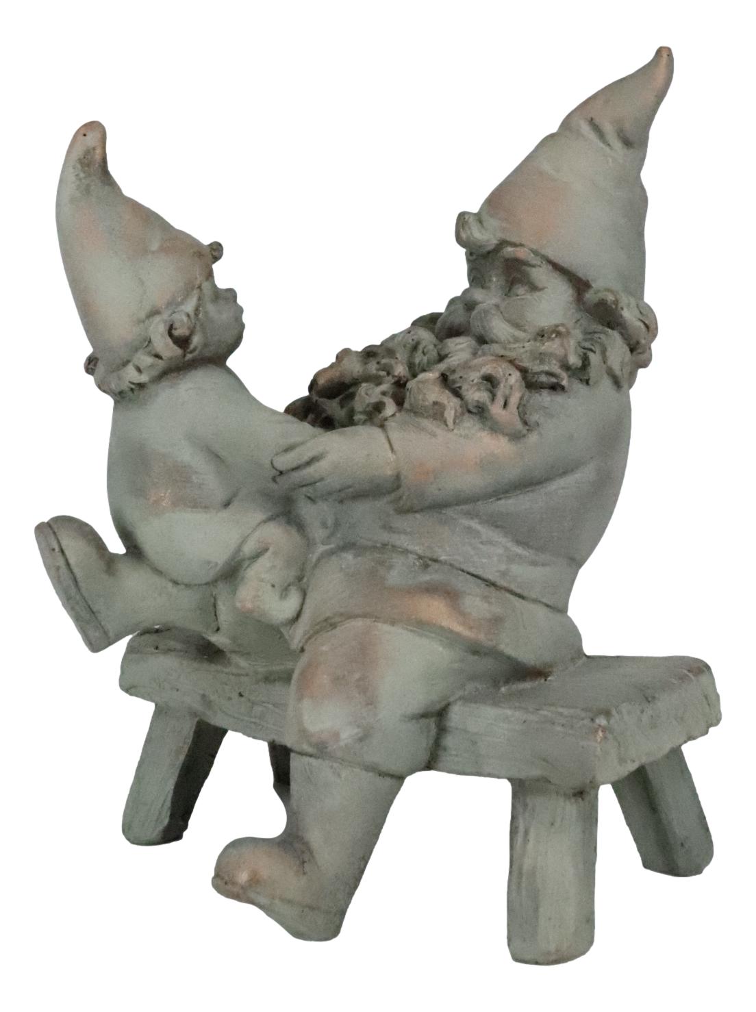 Family Bonding Papa Gnome With Baby Gnome Sitting On Wooden Stool Garden Statue - Ebros Gift