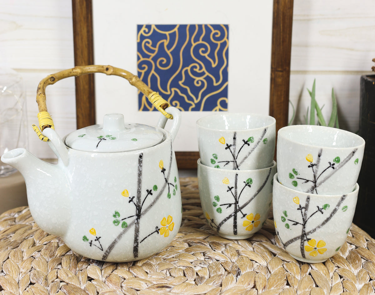 Ebros Japanese Yellow Cherry Blossom Sakura Blossoms Ceramic Tea Pot & 4 Cups - Ebros Gift
