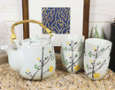 Ebros Japanese Yellow Cherry Blossom Sakura Blossoms Ceramic Tea Pot & 4 Cups