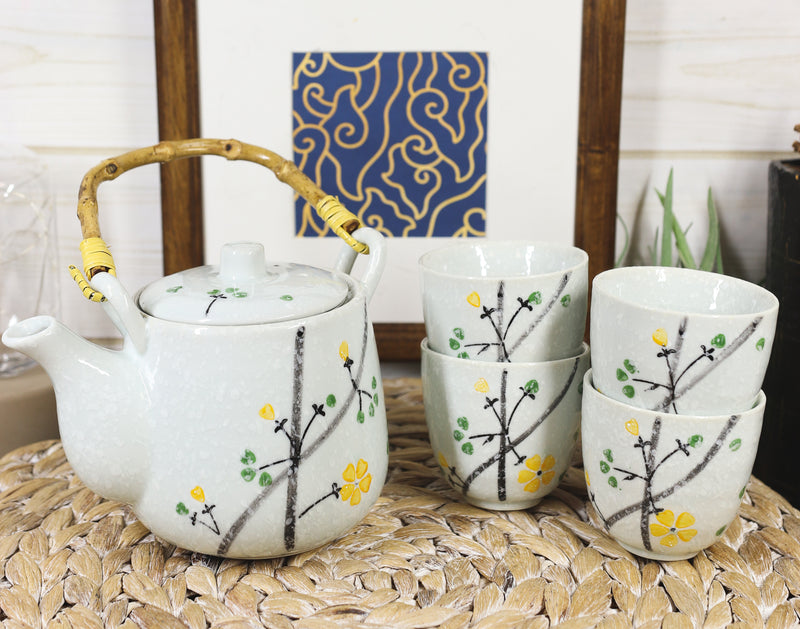 Ebros Japanese Yellow Cherry Blossom Sakura Blossoms Ceramic Tea Pot & 4 Cups