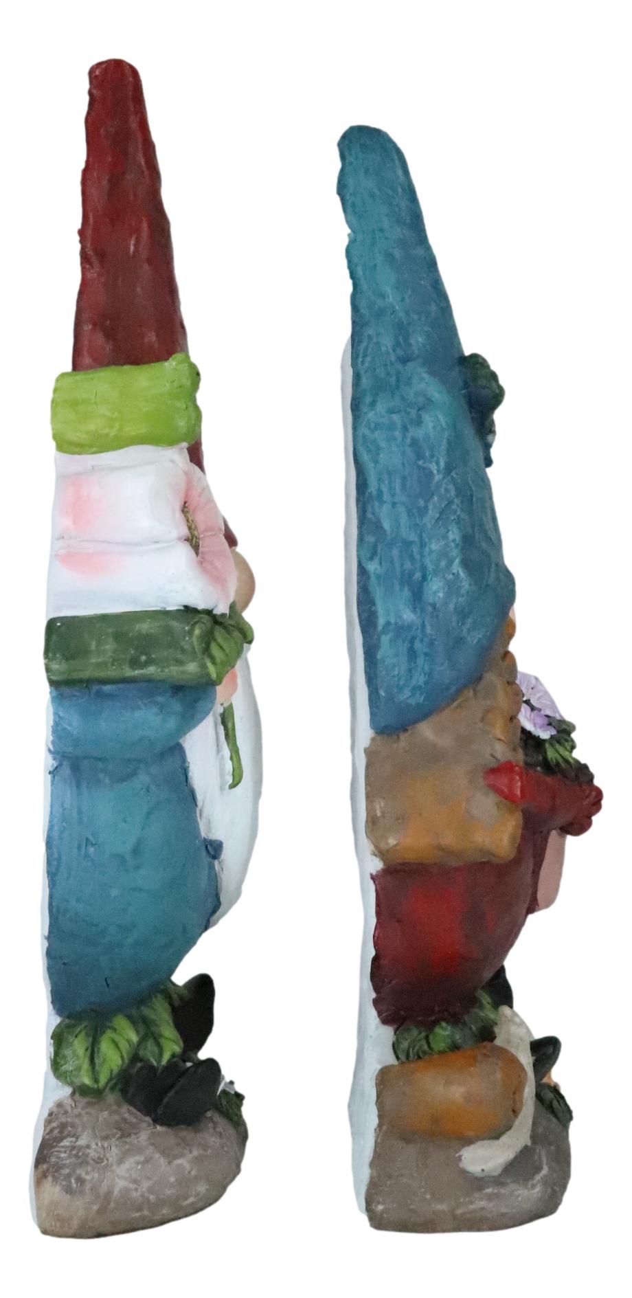 Pack Of 2 Whimsical Garden Mr And Mrs Gnome Couple Holding Flowers Figurines - Ebros Gift