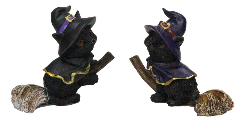 Halloween Black Cats With Witch Hat and Cape On Magical Broomstick Figurines Set