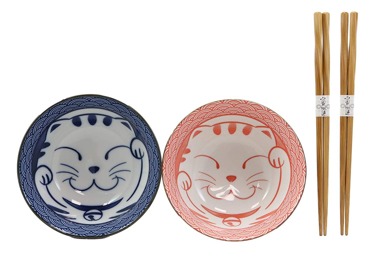 Made In Japan Lucky Cat Maneki Neko Colorful Porcelain Bowls With Chopsticks Set